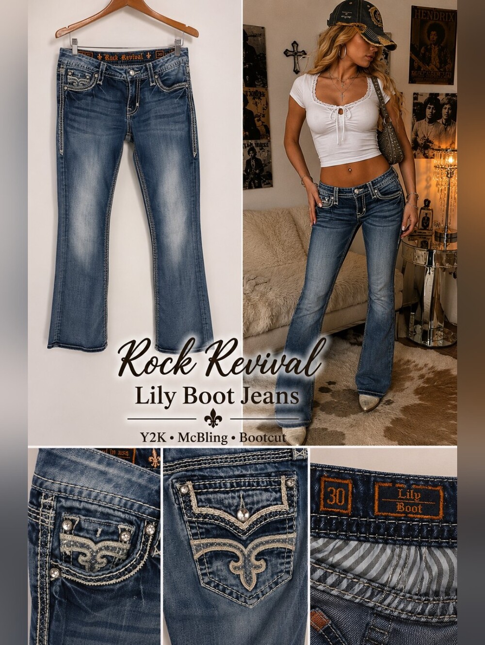 Rock Revival Lily Boot Jeans Low Rise 30 Rhinestone Y2K McBling Bootcut